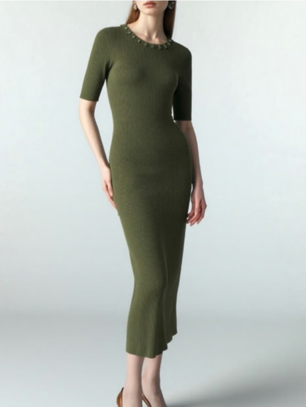 Camila Coelho Rib Knit Midi Dress Olive Green Stretch Bodycon